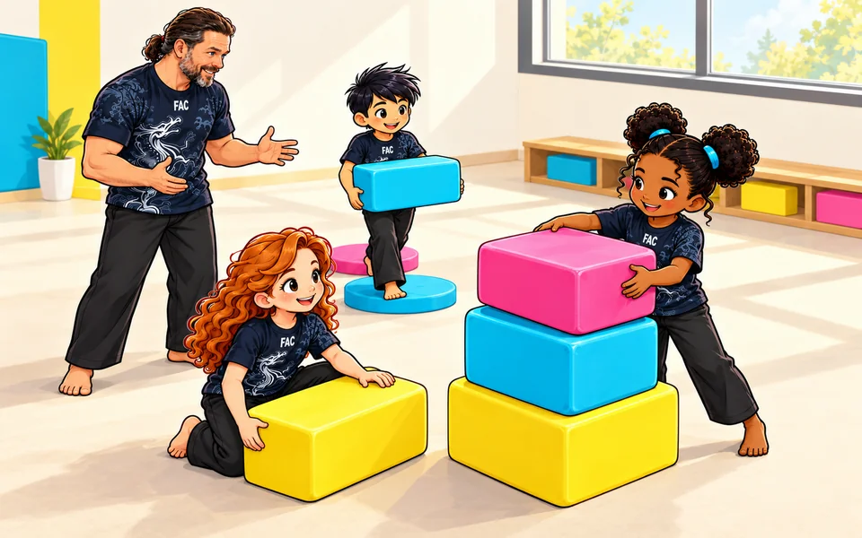 Illustration of children working together to stack colourful foam blocks