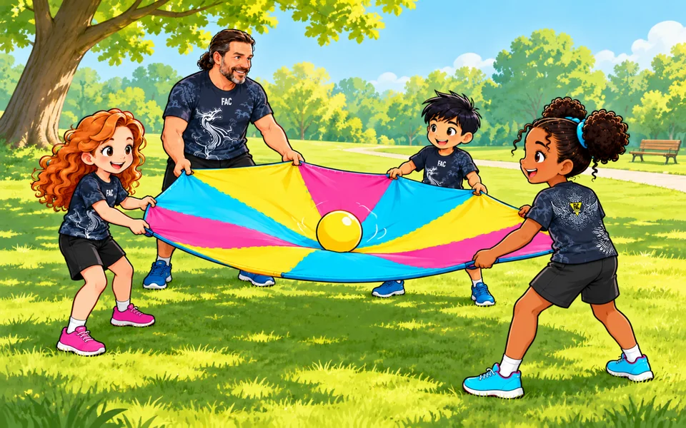 Illustration of children and a coach playing a parachute game in a park